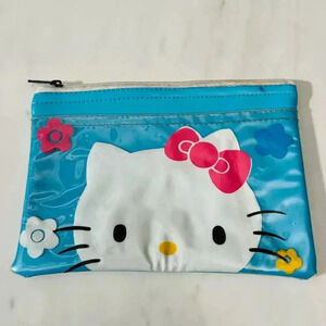 Hello Kitty Sanrio Blue Coin Purse Pouch Makeup Cosmetic Zipper Pink Bow